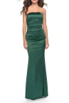 La Femme Chic Strapless Liquid Jersey Gown With Ruching In Metallic