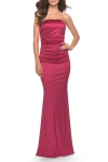 La Femme Chic Strapless Liquid Jersey Gown With Ruching In Pink