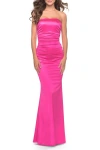 La Femme Chic Strapless Liquid Jersey Gown With Ruching In Hot Pink