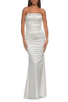 La Femme Chic Strapless Liquid Jersey Gown With Ruching In White