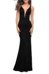 La Femme Chic Stretch Lace Gown With Deep V Neckline In Black