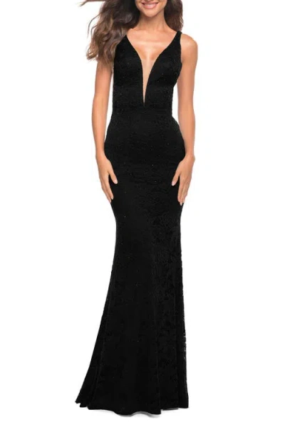 La Femme Chic Stretch Lace Gown With Deep V Neckline In Black