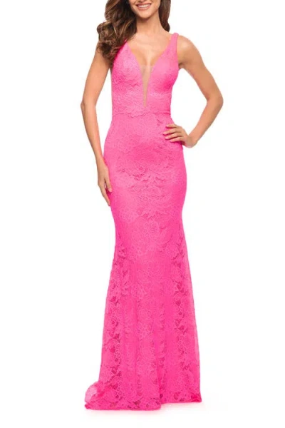 La Femme Chic Stretch Neon Pink Lace Gown With Deep V Neckline