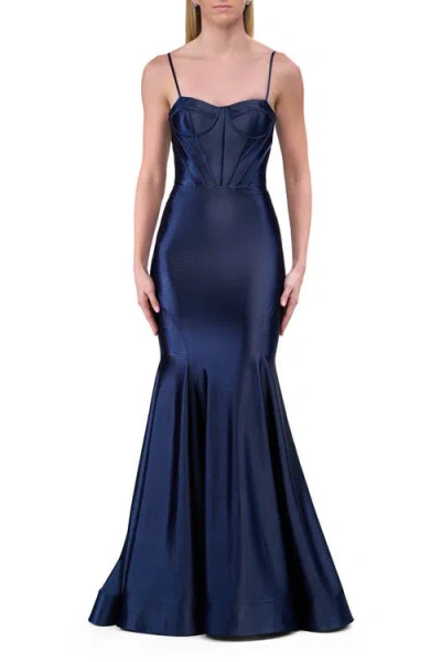 La Femme Chic Stretch Satin Gown With Corset Top And Flare Skirt In Blue