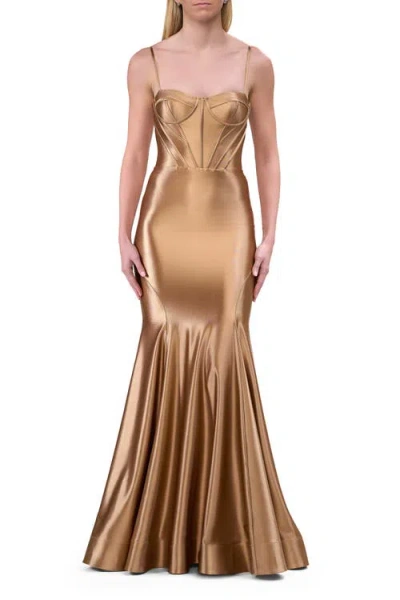 La Femme Chic Stretch Satin Gown With Corset Top And Flare Skirt In Brown