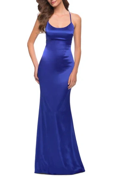 La Femme Chic Stretch Satin Gown With Scoop Neck And Open Back