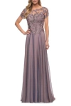 La Femme Floral Embroidery Chiffon Column Gown In Dark Mauve