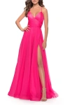 La Femme Chiffon Prom Dress With Ruched Bodice And Slit In Pink
