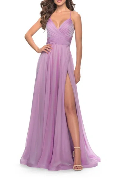 La Femme Chiffon Prom Dress With Ruched Bodice And Slit In Purple