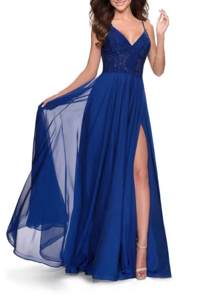 La Femme Chiffon Prom Dress With Sheer Floral Lace Bodice In Marine Blue