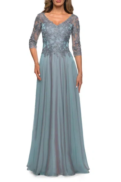 La Femme Chiffon Three Quarter Sleeve Dress With V-neckline In Blue