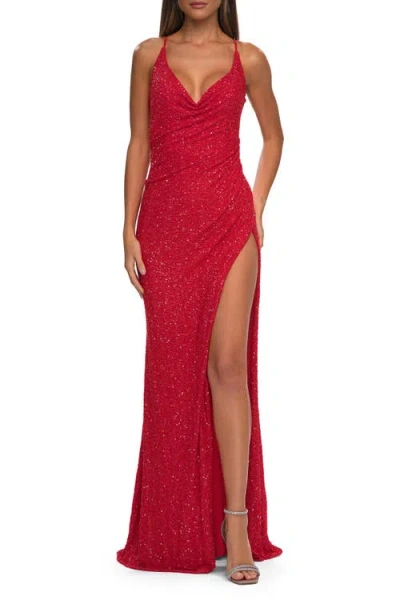 La Femme Cowl Neck Stretch Sequin Dress With Slit
