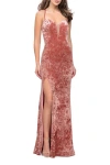 La Femme Crushed Velvet Form Fitting Gown With Leg Slit And Open Back In Blush