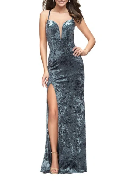 La Femme Crushed Velvet Form Fitting Gown With Leg Slit And Open Back In Steel Grey