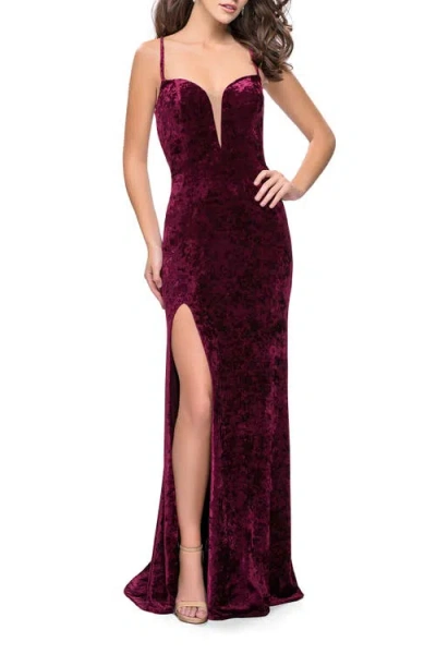 La Femme Crushed Velvet Form Fitting Gown With Leg Slit And Open Back In Wine