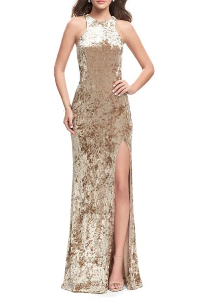 La Femme Crushed Velvet Prom Dress With High Neckline And Leg Slit In Beige