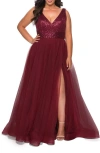 La Femme Curvy A-line Gown With Sequin Bodice And Tulle Skirt