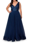 La Femme Curvy A-line Gown With Sequin Bodice And Tulle Skirt