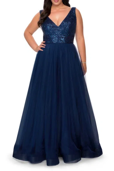 La Femme Curvy A-line Gown With Sequin Bodice And Tulle Skirt