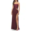 La Femme Cut Out Jersey Dress With High Slit In Burgundy