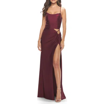 La Femme Cut Out Jersey Dress With High Slit In Burgundy