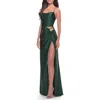 La Femme Cut Out Jersey Dress With High Slit In Emerald