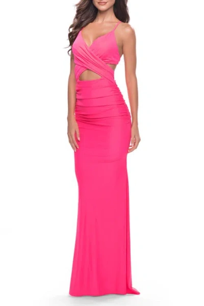 La Femme Cut Out Long Soft Jersey Dress With Criss Cross Bodice In Pink