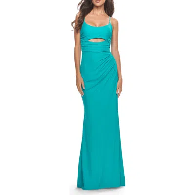 La Femme Cut Out Soft Jersey Dress With Lace Up Back