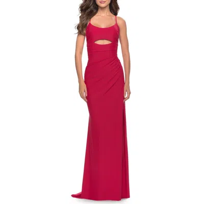 La Femme Cut Out Soft Jersey Dress With Lace Up Back