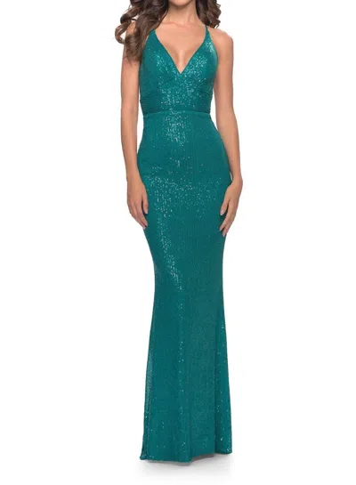 La Femme Dazzling Plunging V-neck Sequined Gown In Peacock