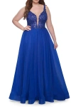 La Femme Deep V Plus Size Tulle Dress With Lace Illusion Bodice