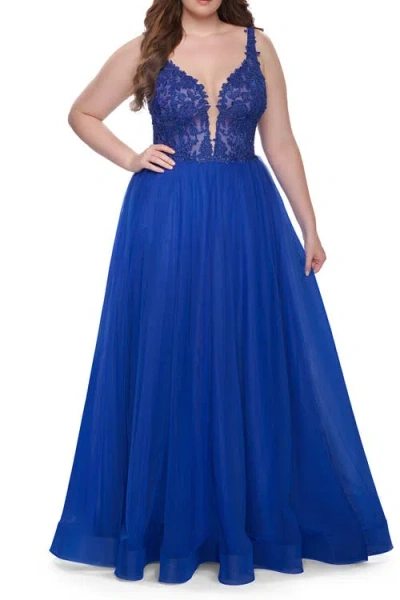 La Femme Deep V Plus Size Tulle Dress With Lace Illusion Bodice