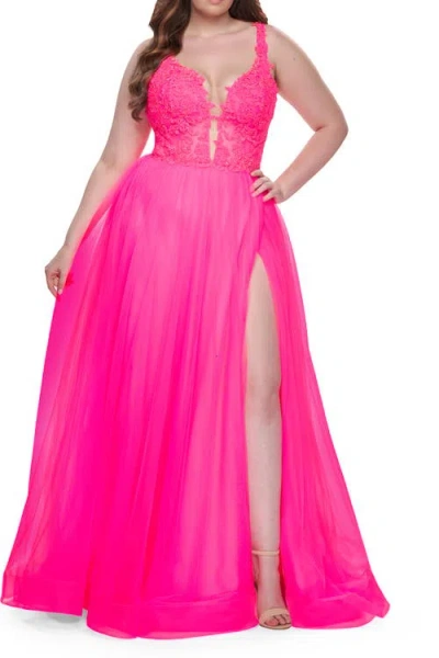La Femme Deep V Plus Size Tulle Dress With Lace Illusion Bodice