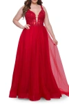 La Femme Deep V Plus Size Tulle Dress With Lace Illusion Bodice
