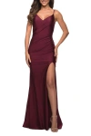La Femme Diagonal Ruched Jersey Gown With V Neckline In Dark Berry
