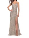 La Femme Long Sequin Gown With Dramatic Flare Skirt And Slit In Gray