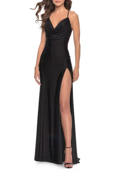 La Femme Drape Neckline Jeweled Jersey Prom Dress With High Slit In Black