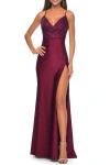 La Femme Drape Neckline Jeweled Jersey Prom Dress With High Slit In Dark Berry