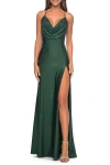 La Femme Drape Neckline Jeweled Jersey Prom Dress With High Slit In Dark Emerald