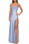 La Femme Drape Neckline Jeweled Jersey Prom Dress With High Slit In Light Periwinkle