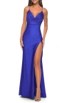 La Femme Drape Neckline Jeweled Jersey Prom Dress With High Slit In Royal Blue