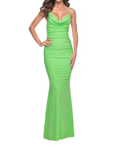 La Femme Draped Neckline Jersey Prom Dress In Bright Green