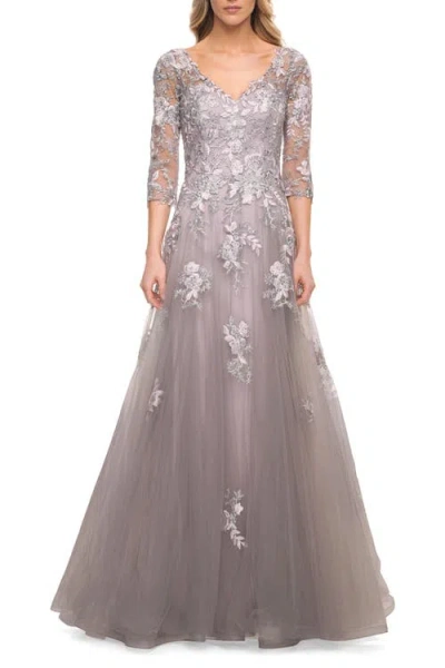 La Femme Elegant A-line Gown With Lace Applique And V Neck In Silver/pink