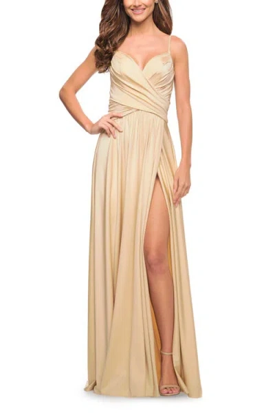 La Femme Elegant Criss-cross Ruched Bodice Jersey Dress In Light Gold
