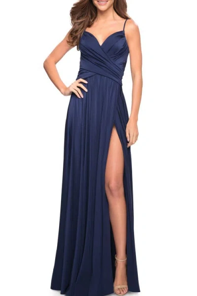 La Femme Elegant Criss-cross Ruched Bodice Jersey Dress In Navy