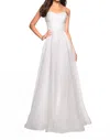 La Femme Elegant Floor Length Chiffon Dress In White In White