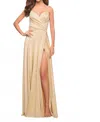 La Femme Elegant High Slit Gown In Light Gold