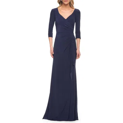 La Femme Elegant Jersey Dress With Ruching And Ruffle Detail In Navy