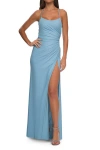 La Femme Elegant Jersey Dress With Ruching And Square Neckline In Cloud Blue