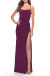 La Femme Elegant Jersey Dress With Ruching And Square Neckline In Dark Berry